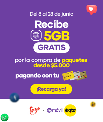 Recibe 5gb gratis por la compra de paquetes desde 5.000 pagando con tu tarjeta éxito
