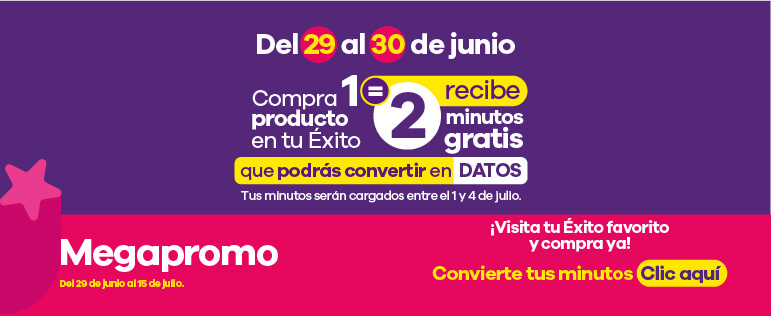 Del 29 al 30 de junio, compra 1 producto en tu Éxito y recibe minutos gratis que podras convertir en datos. 