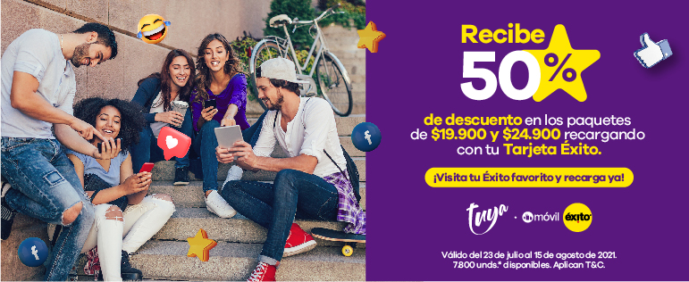 Recibe 50% de descuento en los paquetes de $19.900 y $24.900 recargando con tu tarjeta éxito