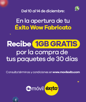 En la apertura de tu exito wow fabricato recibe 1 gb gratis por la compra de tus paquetes de 30 dias
