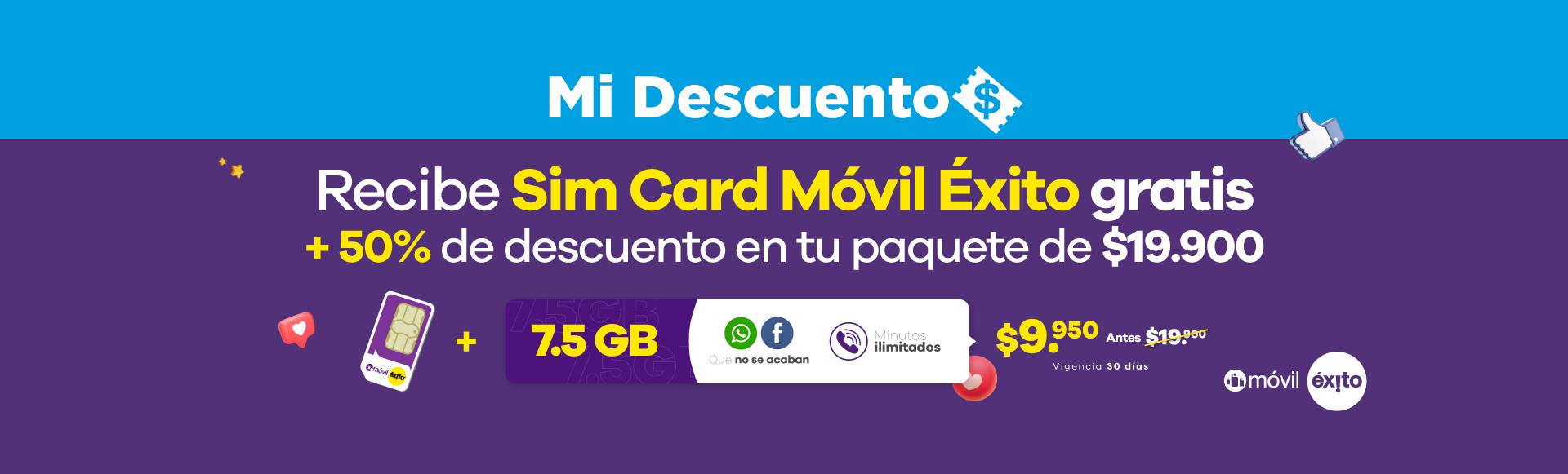 recibe simcard móvil éxito gratis mas 50% de descuento en tu paquete de 19.000