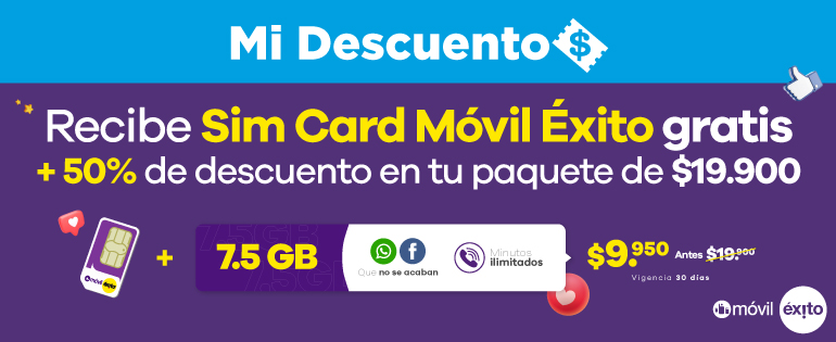 recibe simcard móvil éxito gratis mas 50% de descuento en tu paquete de 19.000