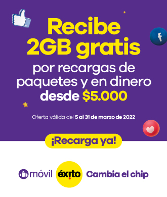 Recibe 2GB GRATIS Por recarga de paquetes y en dinero desde $5.000