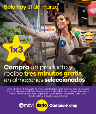 Solo por hoy 31 de marzo compra un producto y recibe 3 minutos gratis en almacenes seleccionados