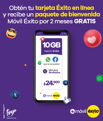 Obtén tu tarjeta éxito en linea y recibe un paquete de bienvenida móvil éxito por 2 meses gratis