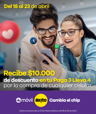 Recibe 10000 de descuento en tu paga 3 lleva 4 por la compra de cualquier celular