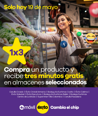 Solo hoy 19 de mayo 1x3 compra un producto y recibe tres minutos gratis en almacenes seleccionados