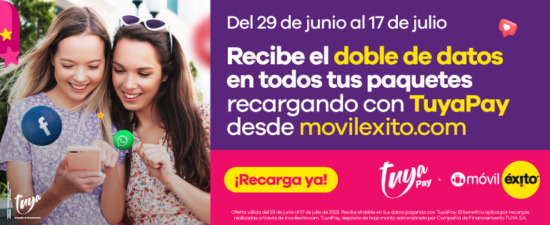 Recibe el doble de datos en todos tus paquetes recargando con tuya pay desde movilexito.com