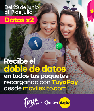 del 29 de junio al 17 de julio recibe el doble de datos en todos tus paquetes recargando con tuyapay desde movilexito.com
