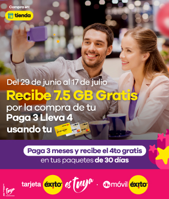 del 29 de junio al 17 de julio recibe 7.5gb gratis por la compra de tu paga 3 lleva 4 usando tu tarjeta exito