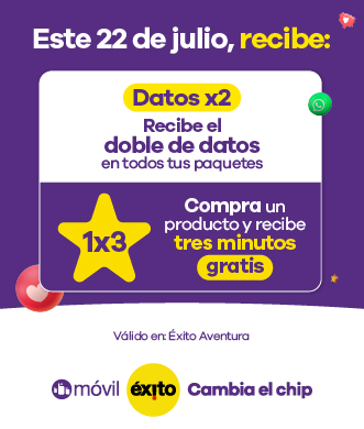 Oferta válida por compras realizadas el 22 de julio de 2022 en Éxito Ventura, no aplica en otros almacenes. Los minutos pueden ser cargados hasta 72 horas después de la recarga. Los minutos no aplicados automáticamente se cargarán a la línea de mayor consumo de la cédula titular del beneficio y no son transferibles. La vigencia de los minutos promocionales es de 2 días. La voz aplica a todos los operadores y fijos. La voz aplica a todos los operadores y fijos nacionales. 200 unidades disponibles para cada p