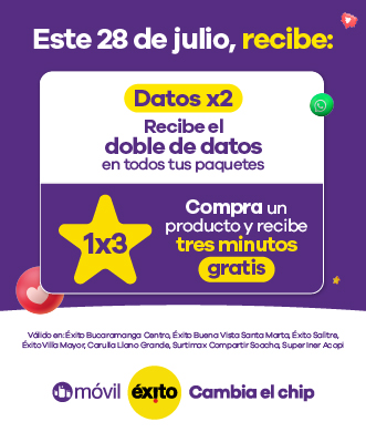 Oferta válida por compras realizadas el 28 de julio de 2022 en Éxito Bucaramanga Centro, Buenavista Santa Marta, Salitre y Villa Mayor, Surtimax Compartir Soacha, Superinter Acopi y Carulla Llanogrande, no aplica en otros almacenes. Los minutos pueden ser cargados hasta 72 horas después de la recarga. Los minutos no aplicados automáticamente se cargarán a la línea de mayor consumo de la cédula titular del beneficio y no son transferibles. La vigencia de los minutos promocionales es de 2 días. La voz aplica 