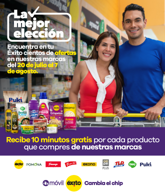 Vigente para compras realizadas del 20 de julio al 7 de agosto de 2022 en los Almacenes Éxito, no aplica en formato Express ni en otras cadenas. Los minutos promocionales se entregan por compras de productos de mercado de las marcas propias: Frescampo, Éxito marca propia , Taeq, OW, AMPM Plus, Cautivia, T/L/D Todos los Días, Ekono, Porchi, Pomona, Troop X y Alvin. No aplica en productos de la categoría textil, hogar, deportes, ni electro digital, o categorías diferentes a mercado. La vigencia de los minutos