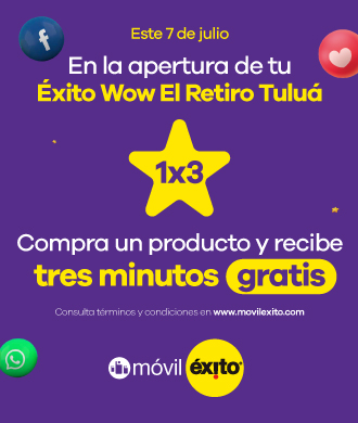 Oferta válida por compras realizadas el 7 de julio de 2022 en Éxito WOW El Retiro Tuluá no aplica en otros almacenes. Los minutos pueden ser cargados hasta 72 horas después de la recarga. Los minutos no aplicados automáticamente se cargarán a la línea de mayor consumo de la cédula titular del beneficio y no son transferibles. La vigencia de los minutos promocionales es de 2 días. La voz aplica a todos los operadores y fijos. La voz aplica a todos los operadores y fijos nacionales. La oferta no es acumulable