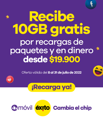 Oferta segmentada. Oferta válida del 8 al 31 de Julio de 2022 o hasta agotar existencias. 2.000 unidades disponibles a nivel nacional. El paquete Móvil Éxito® se activa desde tu compra y desde ese momento empiezas a contabilizar su vigencia. Aplica en todo el portafolio Móvil Éxito. Aplica en todos los almacenes de Grupo Éxito, página web www.movilexito.com y puntos autorizados por fuera de Grupo Éxito. No aplica en call center. La vigencia de los recursos promocionales es de 30 días. El descuento no es acu