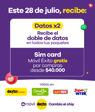 Oferta válida por compras realizadas el 28 de julio de 2022 en Superinter, Éxito Express, Carulla Express y Surtimax, no aplica en otros almacenes o cadenas. 200 unidades disponibles para cada paquete. No es acumulable con otras ofertas. Válido para la compra/activación de los PLUs 333203, 330271, 227132, 595633, 332403 y 3085868. Válido por la compra/activación de Paga 3 Lleva 4 solo en la primera recarga. Tus datos duplicados puede ser cargados hasta 72 horas después de la recarga. La vigencia de los dato