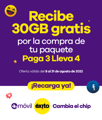 Oferta segmentada, aplica únicamente para las líneas que reciben el mensaje de texto. Oferta válida del 8 al 31 de agosto de 2022 o hasta agotar existencias. 2.000 unidades disponibles a nivel nacional. El paquete Móvil Éxito® se activa desde tu compra y desde ese momento empiezas a contabilizar su vigencia. Aplica en los PLUs 1741695, 1844089 y 3092311. Aplica en todos los almacenes de Grupo Éxito, página web www.movilexito.com y puntos autorizados por fuera de Grupo Éxito. No aplica en call center. La vig