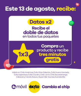 Oferta válida por compras realizadas el 13 de agosto de 2022 en Éxito Américas, Gran Estación, Nuevo Kennedy, Esperanza, Country, Junín, Bucaramanga Cabecera, Carulla Zazue y Superinter Express Avenida 6ta, no aplica en otros almacenes. Los minutos pueden ser cargados hasta 72 horas después de la recarga. Los minutos no aplicados automáticamente se cargarán a la línea de mayor consumo de la cédula titular del beneficio y no son transferibles. La vigencia de los minutos promocionales es de 2 días. La voz apl