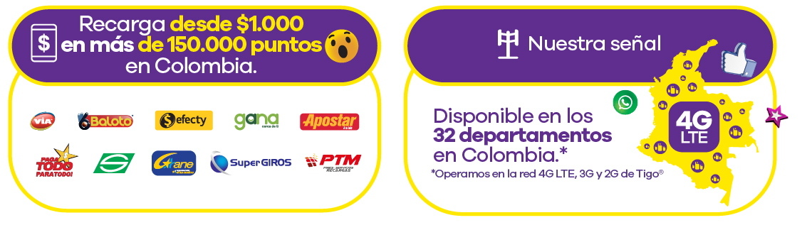 Recarga desde $1.000 en más de 150.000 puntos en Colombia.
